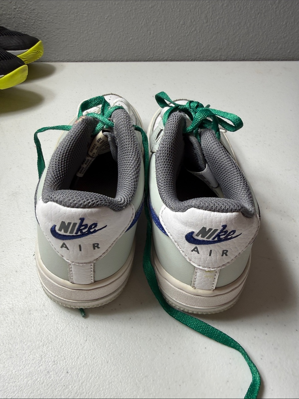 Nike Airforce 1 Kids Sneakers in White, Gray, Blue & Green Laces - Picture 3 of 5